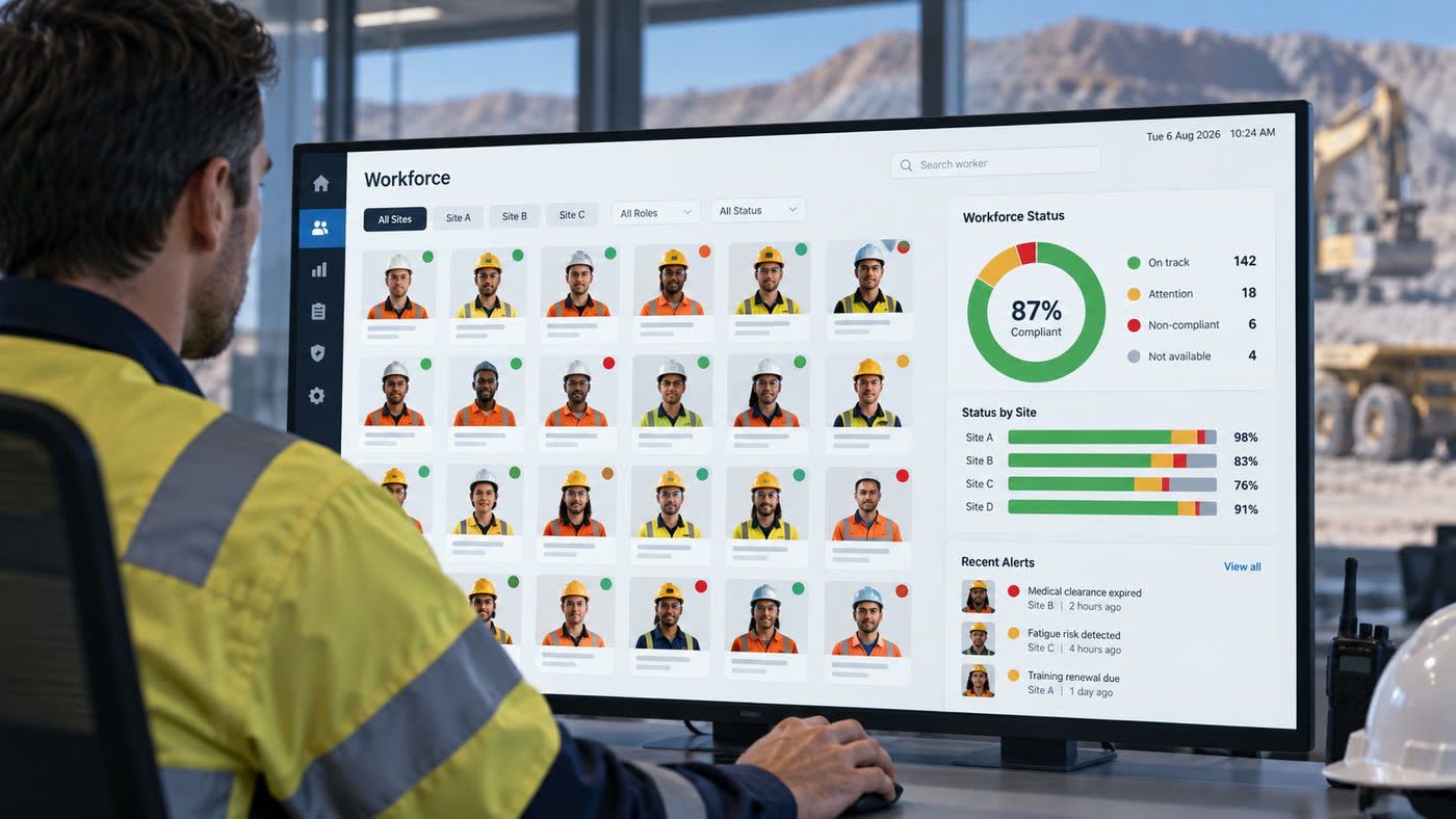 A site supervisor viewing an illustrative workforce dashboard: worker clearance status across four sites, an overall compliance figure and recent alerts.