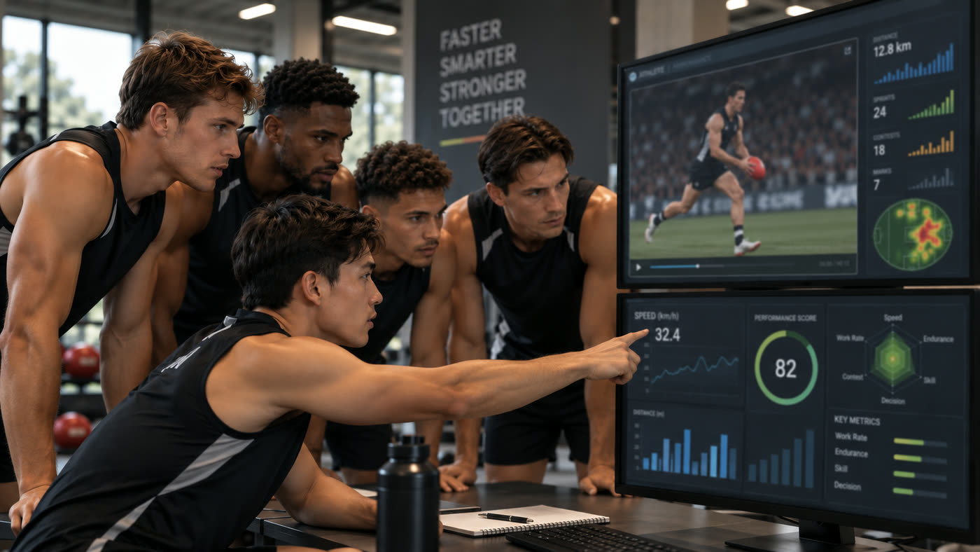 Athletes gathered around a screen showing an illustrative performance dashboard for one player: match footage, a movement heat map, running metrics and a performance score.