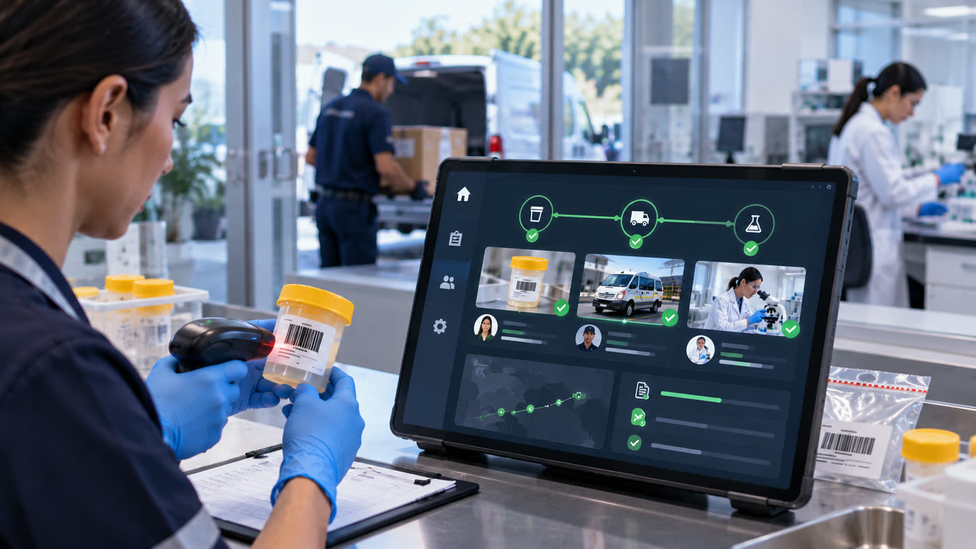 A collector scanning a sealed specimen container beside a screen showing an illustrative chain of custody: collection, transport and laboratory, each handover confirmed.