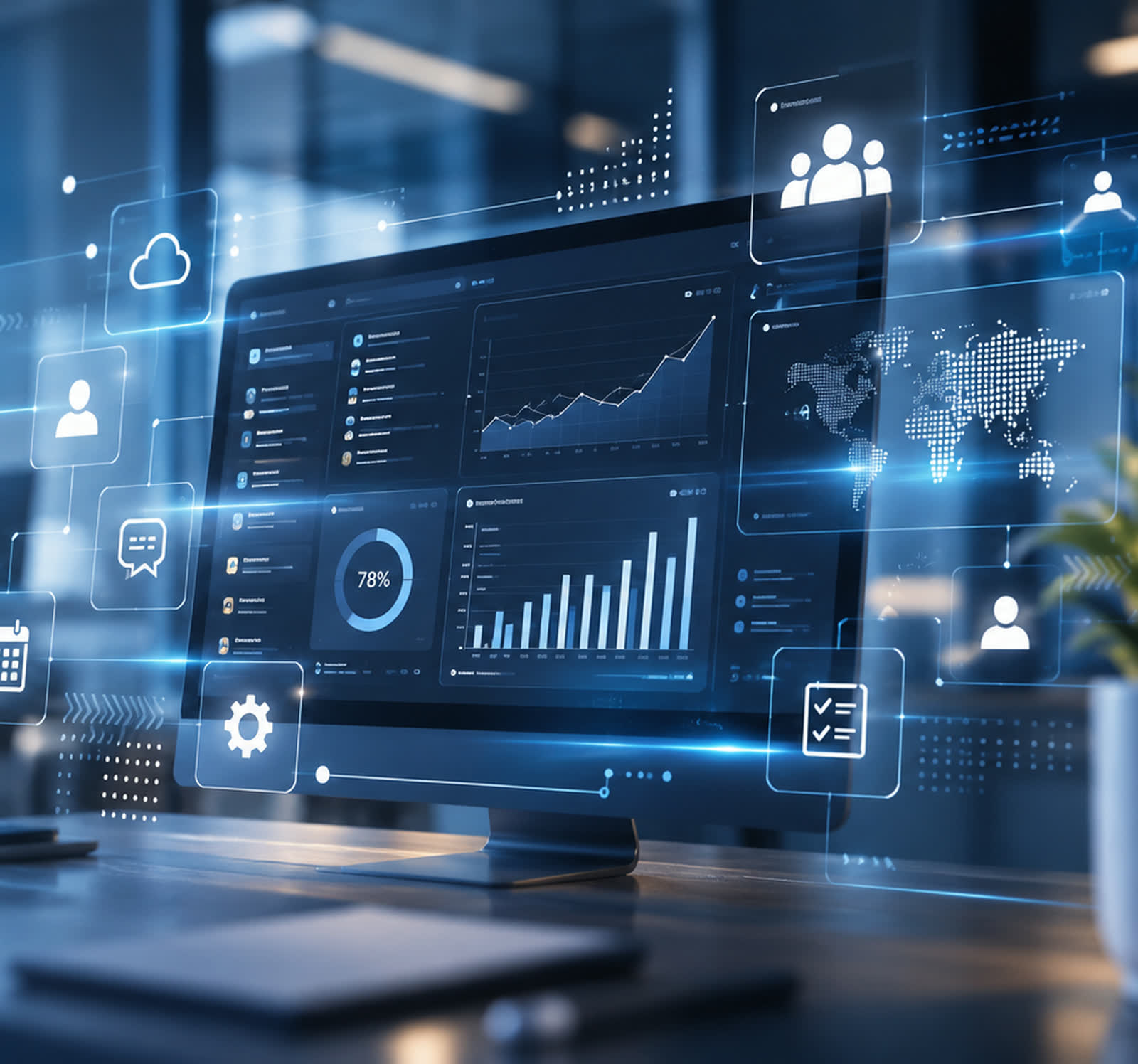A desk with a screen of operational dashboards, ringed by icons for people, records, scheduling and cloud services.