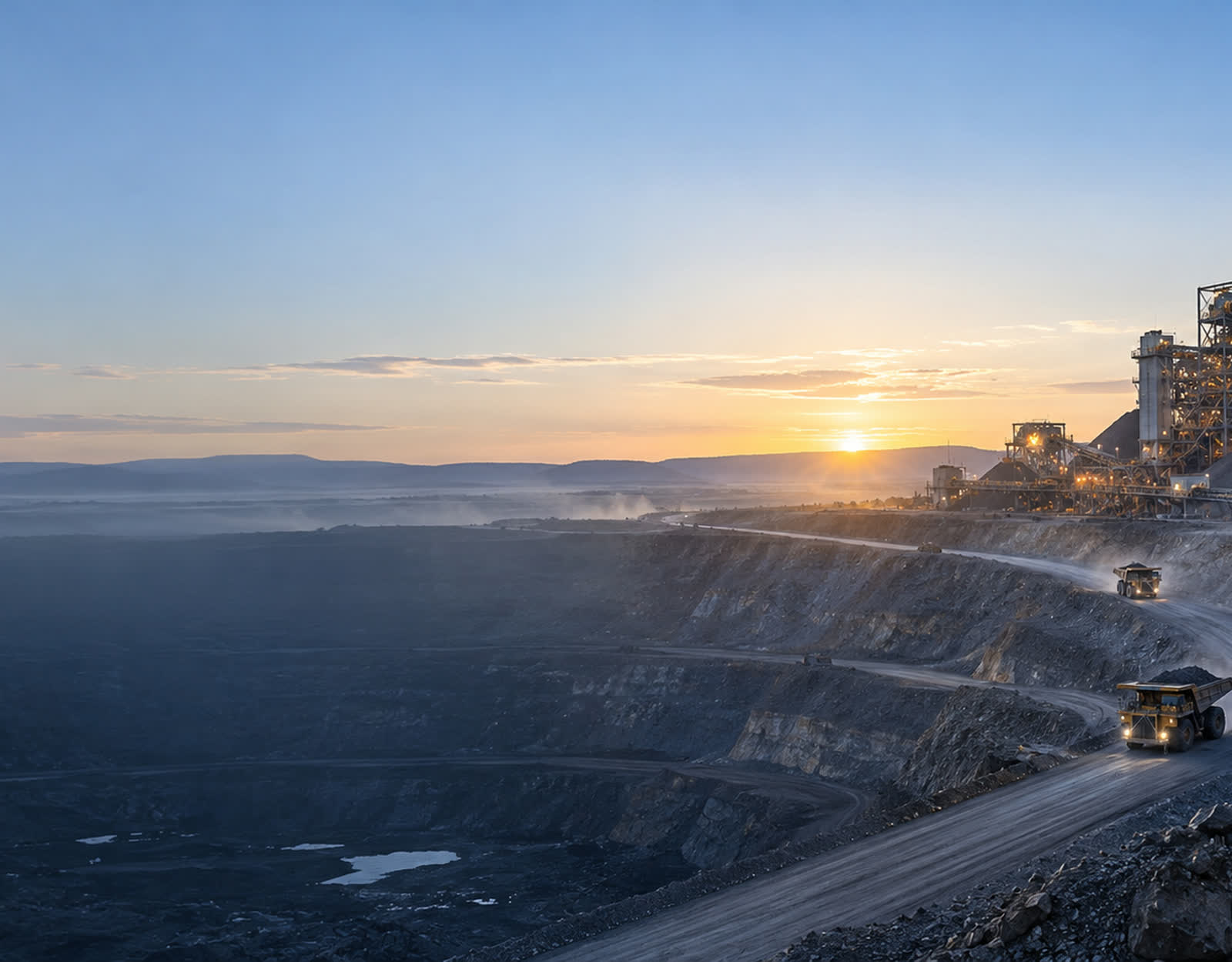 An Australian open cut mine at first light, haul trucks on the ramp and the processing plant beyond.