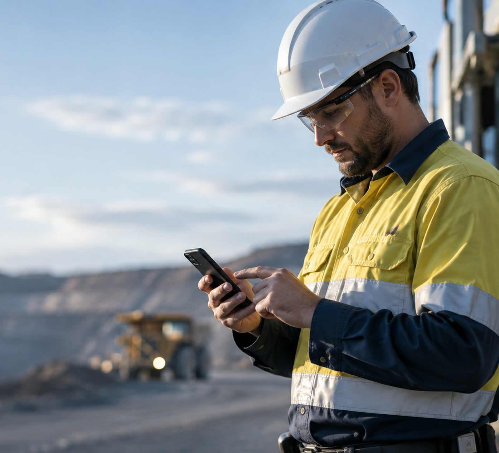 A worker in hi-vis at a mine site, looking at their own phone.