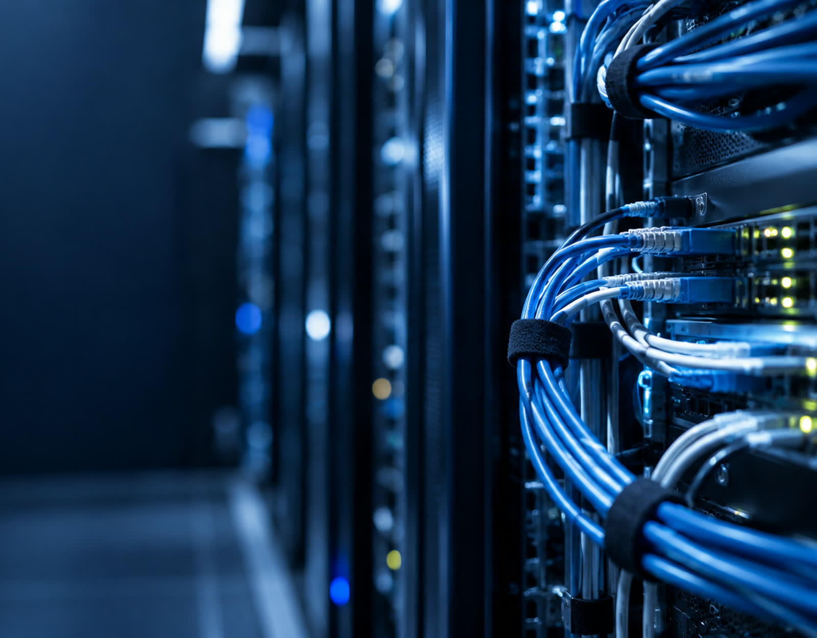 Server racks and fibre optic cabling in cool blue light.
