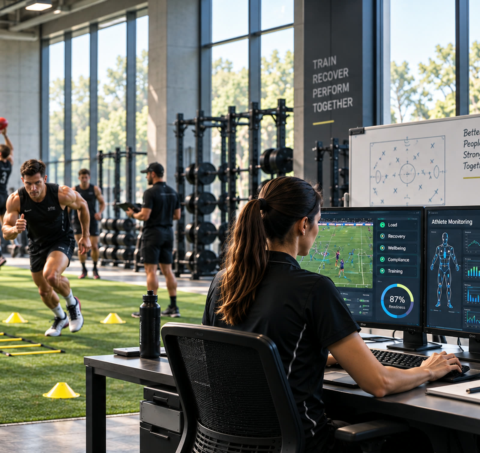 A performance analyst at a desk reviewing an athlete dashboard on screen, with players training on the turf behind.