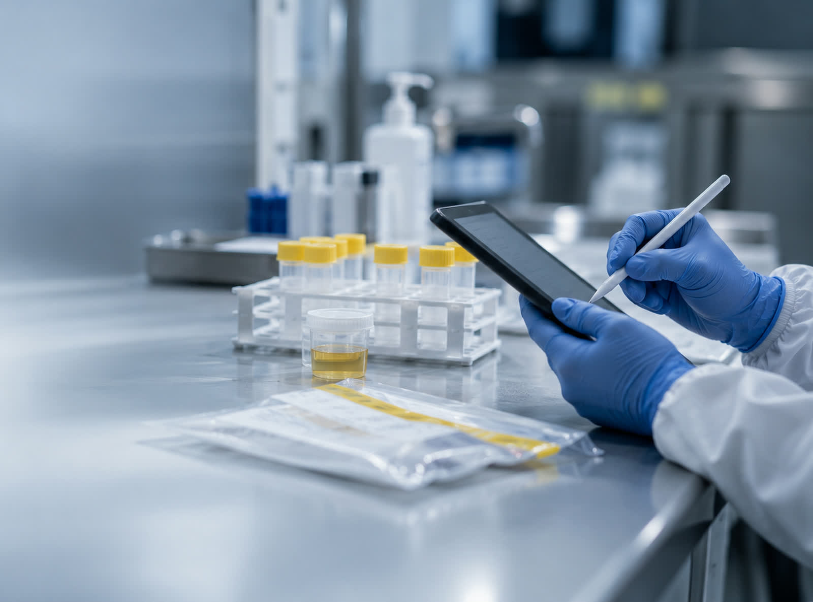 Gloved hands completing a chain of custody record on a tablet, beside labelled specimen containers and sealed bags.