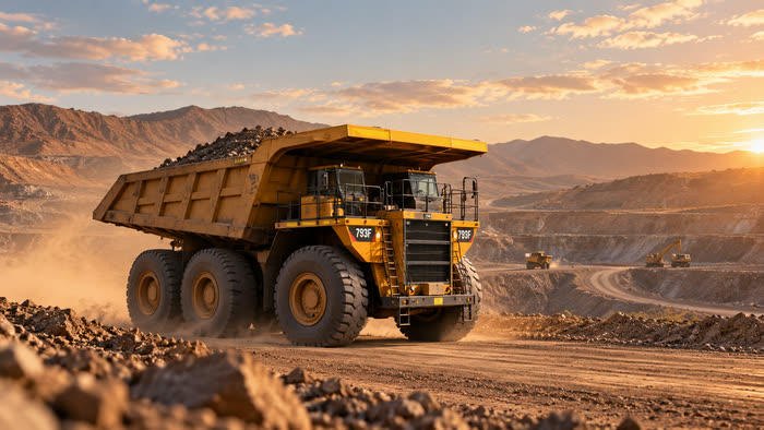 A haul truck on a haul road in an open cut mine at first light.
